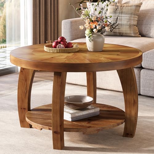 TRIBEWOOD Solid Wood Round Coffee Table 2-Tier Center Table with Storage