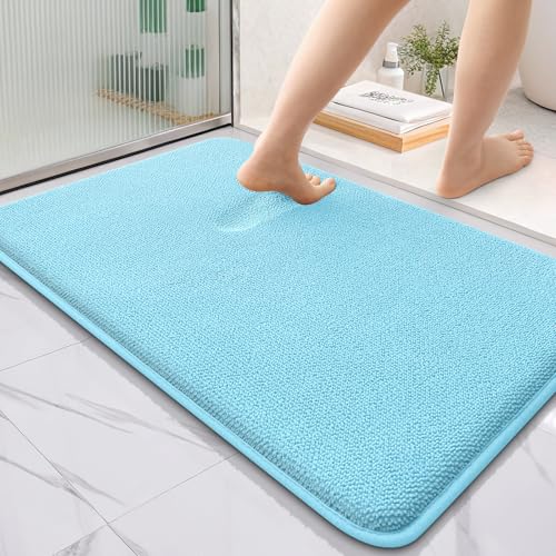 Image of OLANLY Thick Memory Foam Bath Mat Rug 36x24, Extra Soft Absorbent Bathroom Rug, Quick Dry Bath Mats, Non-Slip, Machine Washable Carpet for Bathroom, Tub and Shower, Home Decor Accessories, Sky Blue