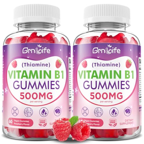 GrnLife 2 Pack Vitamin B1 Gummies 500mg for Adults & Kids High Potency Thiamine B1 Supplement for Energy & Nervous System Support Sugar-Free Raspberry Flavor 120 Count