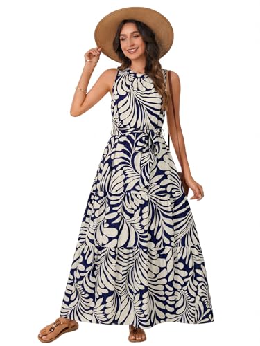 Image of Rooscier Women's Sleeveless Boho Maxi Dress | Halter Neck Print Tiered A Line Beach Dresses