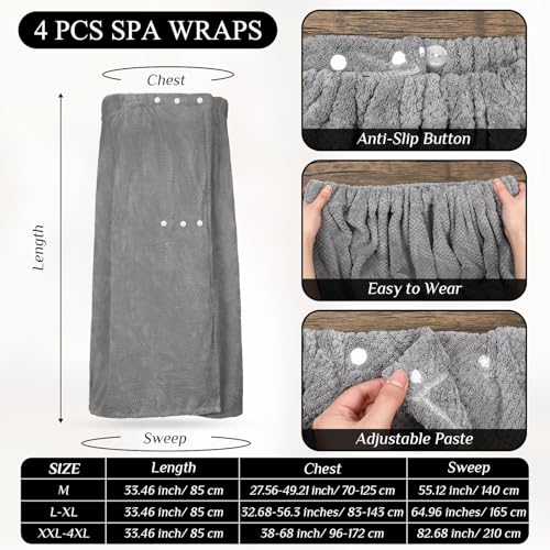 Image of Tigeen 4 Pcs Spa Wrap Towel Wrap for Women Spa Robe with Adjustable Closure Elastic Top Lightweight Wraps for Bath Shower (Black,L-XL)