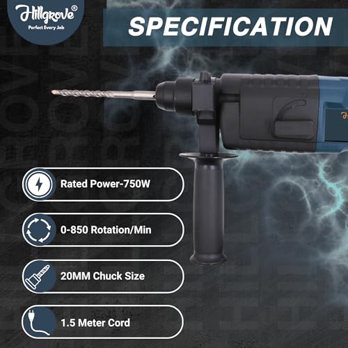 Image of Hillgrove HGCM488M1 All Purpose 20mm Hammer Impact Drill Machine Forward /Reverse Rotation with 3 Bits for Making Holes in Metal /Wood /Concrete Hammer Drill (20 mm Chuck Size, 750 W)