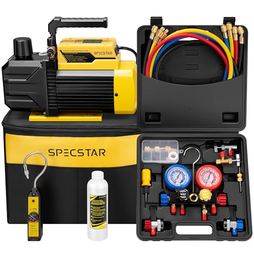 Image of SPECSTAR 1 /3 HP 5 CFM 1-Stage HVAC Vacuum Pump and 4 Way AC Manifold Gauge Set with Leak Detector 5ft Hoses & Accessories for R134a R12 R22 R502 R410a Auto Air Conditioning Refrigeration Recharging