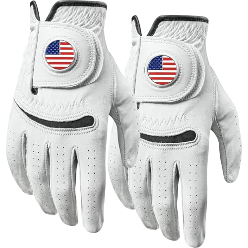 Gants de golf Amy Sport en cuir cabretta pour homme avec marqueur de balle | Lot de 2