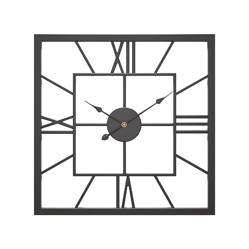 Reloj de pared vintage grande de metal negro de 50 cm, cuadrado, silencioso, números romanos, reloj colgante para sala de estar, dormitorio, cocina, cafetería, hotel, funciona con pilas, elegante