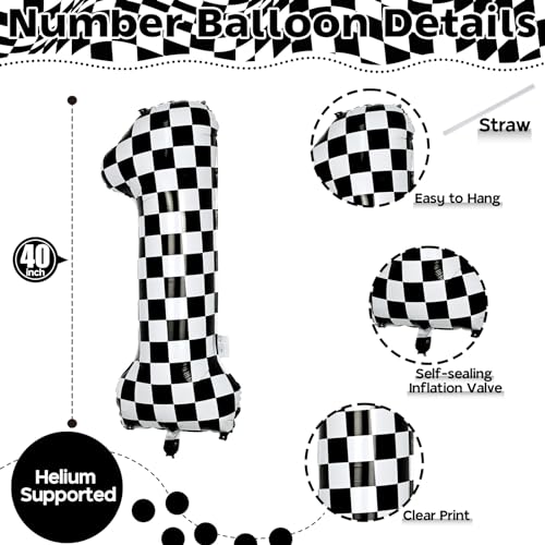 Image of Checkered Number Balloon 1, Large Self Inflating Black and White Number 1 Balloon Decor, 40 Inch Helium Foil 1 Racing Balloons for Girls Boys 1st Birthday Fast Race Car Flag Party Decorations Supplies