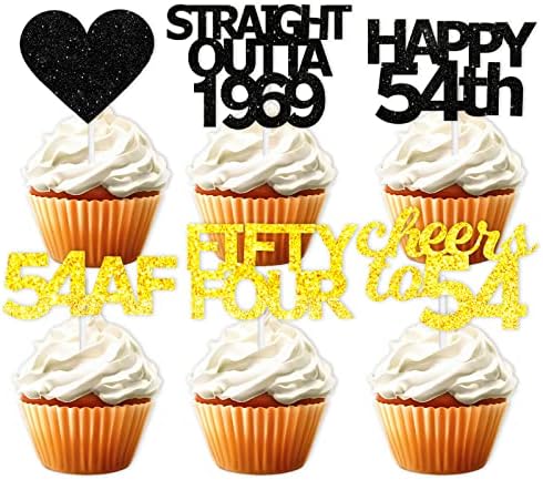 18pcs Black Gold Glitter Dessert Cupcake Pick for Straight Outta 1969 Cheer to 54 Years Old Theme Decor Supplies Happy 54th Birthday Party Decoratio