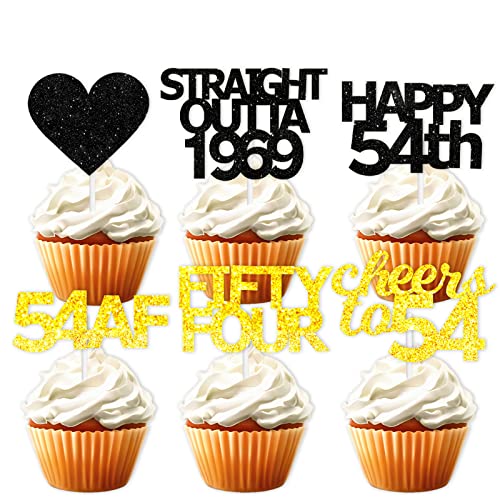 18Pcs Black Gold Glitter Dessert Cupcake Pick For Straight Outta 1969 Cheer To 54 Years Old Theme Decor Supplies Happy 54Th Birthday Party Decoratio #TOP5