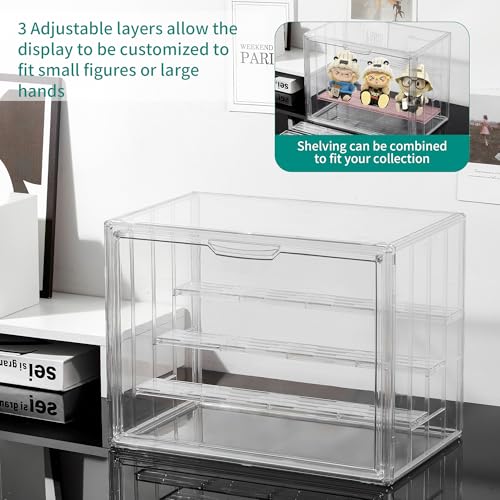 Image of Attelite Acrylic Display Case Compatible with POP MART Labubu Display Case, 4 Tier Figure Clear Cases for Collectibles with 3 Adjustable Divider, 3 Pack Large Storage Box with Magnetic Door