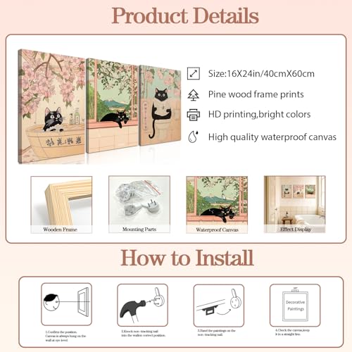 Japanese Bathroom Wall Art Set of 3, Cute Black Cat Bathtub Wall Decor, Funny Animal Reading Newspaper Canvas Prints for Bathroom Bedroom Laundry Room 16x24 inch Framed by Mynotix - Used condition - Image 4