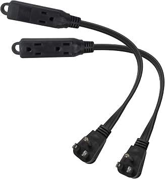 EP 1 Ft 16/3 3 Outlet Extension Cord with Flat Plug 2 Pack, Black | 16 Gauge 3 Prong Grounded, SPT-3 Power Cable for Indoor Use, ETL Listed