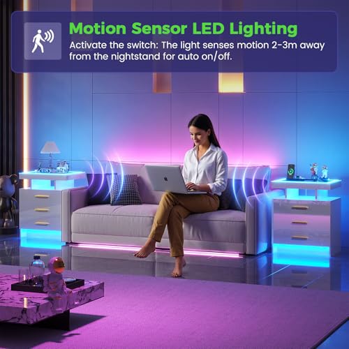 Image of HNEBC Night Stand Set 2 with LED Lights, High Gloss Nightstand with 3 Drawers,Wireless&USB&Type-C Charging Station,Smart Side Tables with Tempered Glass Top for Bedroom,Living Room,Office-White