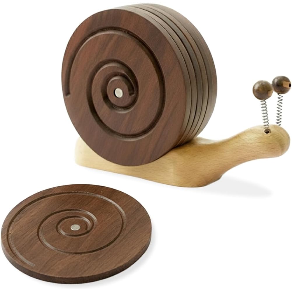 UDSKNV[KSL For Drinks Magnetic Snail Wood Coasters Set-Handmade Set of 6 Includes Holder for Wooden Table Protection