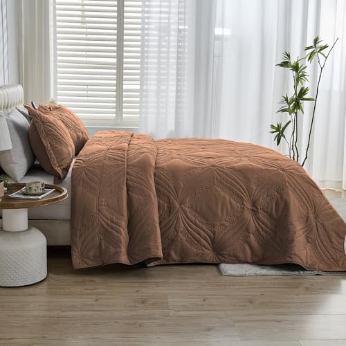 Image of Kingnex Oversized King Bedspreads 128x120 for Tall King or Cal King Bed Ultrasonic Quilted Coverlet Set 3 Piece Include 1 Extra Wide Quilt 2 Pillowcases Coffee