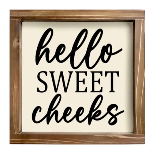 Kas Home Rustic Farmhouse Bathroom Decor Cute Hello Sweet Cheeks Wooden Sign Funny Wall Hanging Plaque for Restroom Toilet Shelves Accessory Ideal for Apartment Home