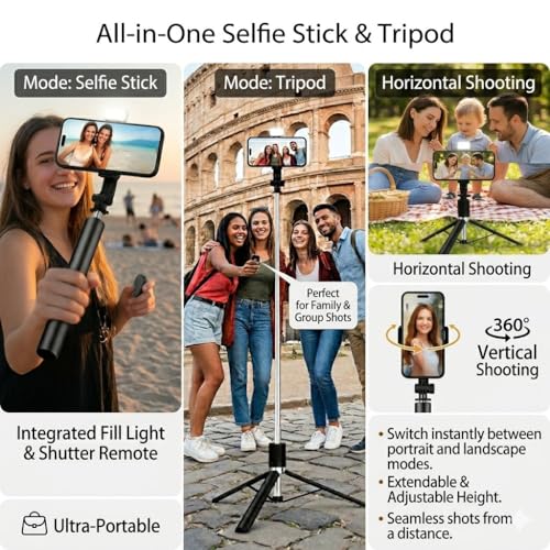Image of NEW 2026 Tripod Stand for Phone 170 CM | 67 Inch Selfie Stick for Mobile |Multi-Functional Bluetooth Long Selfie Stick for Travel,Vlogging,Compatible with iPhone and All Smartphones