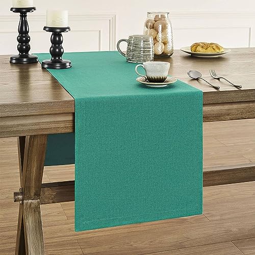 Image of ZeeMart Basic Linen Style Table Runner, 14 x 48 Inch Teal Chambray, Rustic Farmhouse Teal Table Runners 48 Inches Long, Everyday Polyester Table Runner - Machine Washable & Easy Care