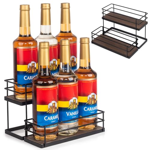 kimilus 6 Bottle Capacity Coffee Syrup Organizer 2 Tier Coffee Syrup Stand Shelf for Coffee Bar Kitchen Small Wine Rack for Bar Family Storage for Syrup Wine Dressing