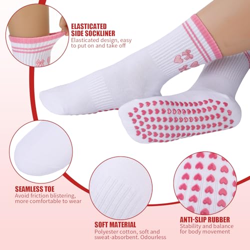 Jspupifip 4 Pairs Pilates Socks with Grip for Women Embroidery Non-Slip Yoga Socks with Heart Striped Cherry Bow Patterns for Barre Workout Hospital (4 Pairs)2