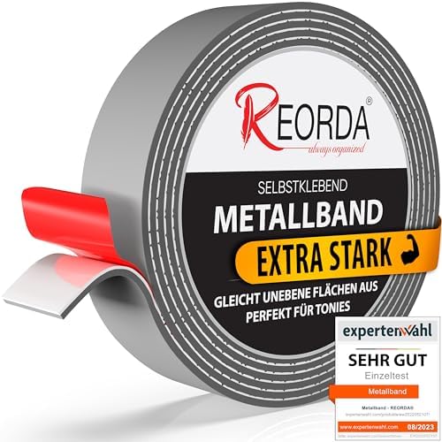 REORDA® Metallband selbstklebend Grau - Ideal für Tonies®-Figuren & -Regale (EXTRA STARK) - Magnetband für Magnete I Ferroband I Magnetband selbstklebend I Eisenband