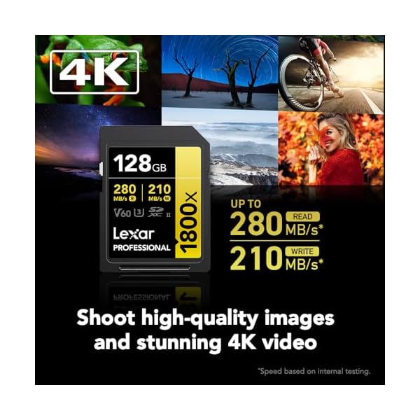 Lexar SDXC Professional 128GB 1800x UHS-II Serie Gold, Clase 10, U3, V60, Grabación de vídeo en 4K, Negro - Image 3