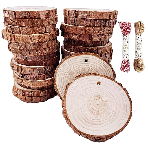 William Craft Rodajas de Madera Círculos 5-6cm 40 pcs Discos de Madera Rebanada 10m Cuerda de Cáñamo Maderas Naturales Perforado Con Corteza de Árbol Para Manualidades