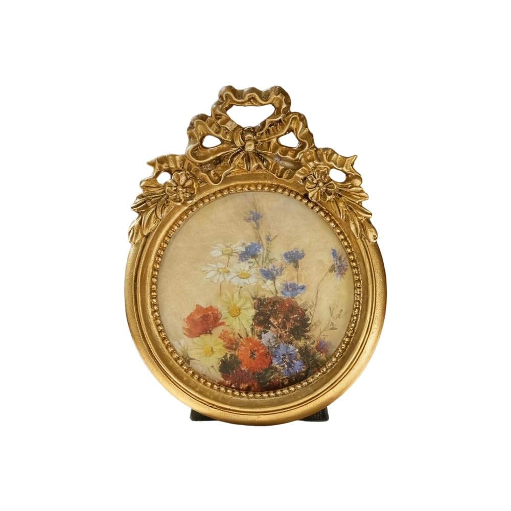 Bdkmms Gold Vintage Picture Frame, Round Bow Photo Frames Baroque Ornate Antique Resin Frame For Wall Mount Tabletop Gallery Wall Art