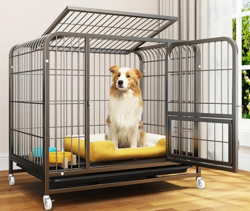 WGM犬 ゲージ 犬小屋 クレートケージ 強力な金属フレーム ダブルドア ロック可能なホイール スチール製 キャスター付き ペットサークル 大きめ 特大 美しく、頑丈で耐久性特大犬種 ペットプレイサークル 室内/屋外 (93*63*82cm,ブラック)