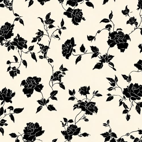 DERUINVAIO Self Adhesive Feature Removable Black Floral Elegant Roses Leaves Cream Peel and Stick Vinyl Wallpaper Roll, Sticky Lining Paper for Bedroom, Living Room, Kitchen Walls