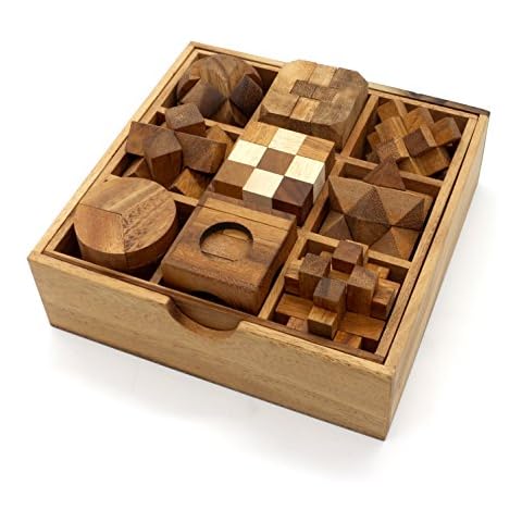 BSIRI 9 Puzzles in a Box - Wooden Brain Teaser Puzzles, 3D Puzzles for Adults, Educational Kids Games, Mind Puzzles for Adults and Brain Games for Kids, Ideal for Birthday Gifts and Patio Decor Cover