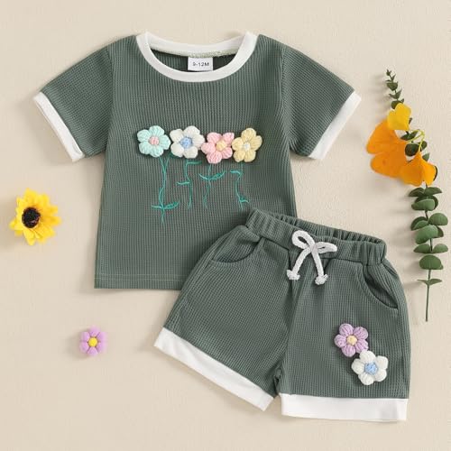 Baby Girl Clothes Waffled Flower Outfits Short Sleeve Round Neck Tops Rib Knit Shorts Toddler Girl Summer Clothes2