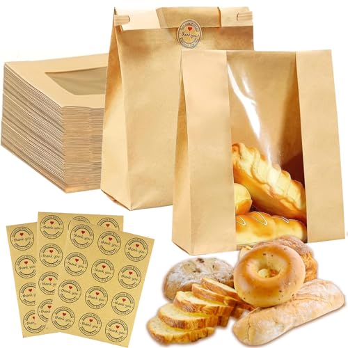 40 Pack Paper Bread Bags for Homemade Bread, Large Loaf Bag with Window Includes 40 Stickers?Food Packaging Storage Popcorn Cookie Treat Bakery Bag