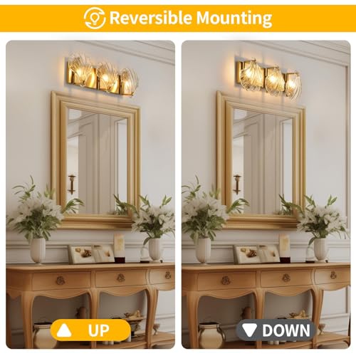 Image of Bathroom Light Fixtures, 3-Lights Vanity Lights Over Mirror, Modern Bathroom Wall Light with Clear Shell Shaped Glass Shades, Gold Wall Sconces for Bedroom Living Room Kitchen Hallway