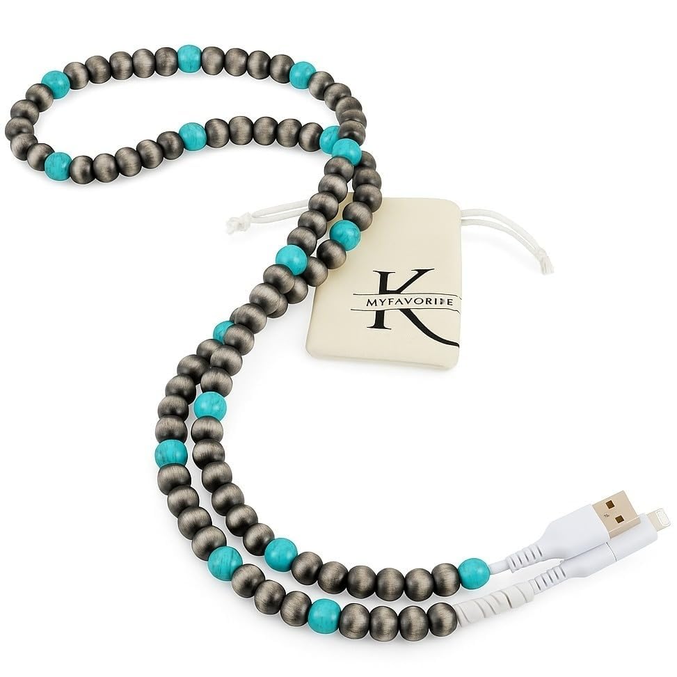 Stylish [Apple MFi Certified] Beaded Phone Charger Cable Metallic Colors USB Cable 2 in1 USB-C Charging Cord for Smartphones 3.3ft (Charcoal) thumbnail