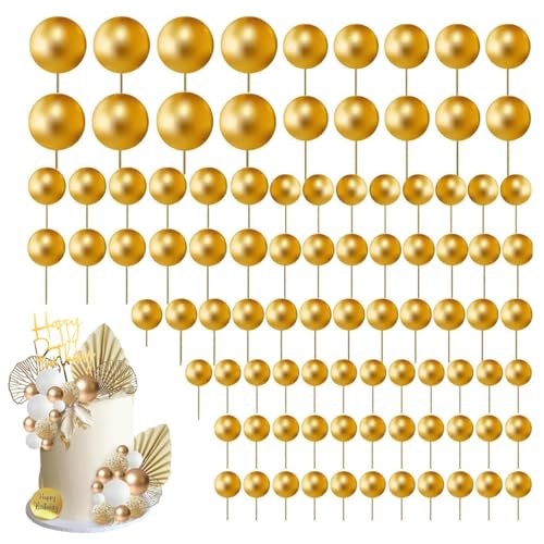 OUDQFCJ 60 pezzi Palline Cake Topper, Decorazioni Schiuma, Cupcake Topper, Decorazioni Torte, Topper Torta, Kit Pasticceria per Torta Compleanno, Feste di Compleanno, Anniversario (Oro)