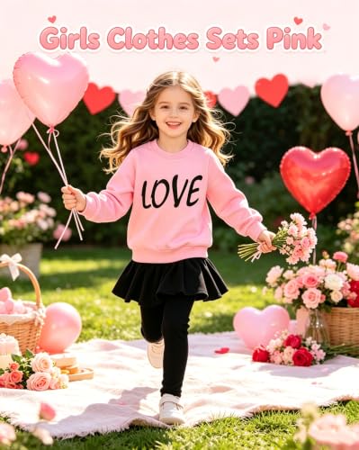 Image of Little Girls Outfits Clothes Toddler Long Sleeve Heart Print Hoodie Shirts Top + Leggings Kids Clothing Set
