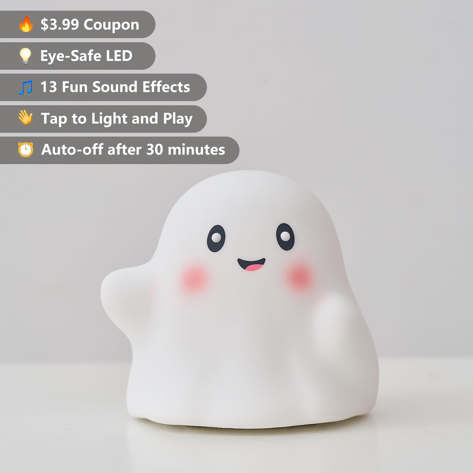 nextanG Ghost Night Light for Kids – Cute Silicone Tap Lamp with 13 Fun Sounds, Eye-Caring Dimmable LED, Rechargeable Nightlight, Toy Gift for Boys Girls, Room College Dorm Décor