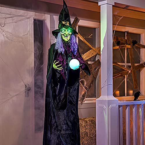 joyin 78" halloween hanging witch decoration with magic ball,hanging animated talking witch with light-up eyes and sound for halloween haunted house prop décor, outdoor/indoor, lawn decorations