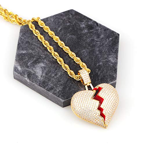 Broken Heart Pendant Necklace Hip Hop CZ Fully Iced Out Bling CZ Diamond 24K White Gold Plated with 24" Stainless Rope Chain3