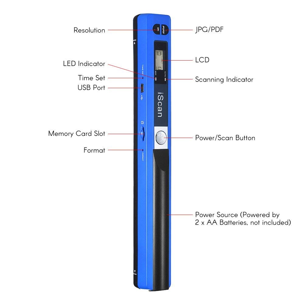 iScan Magic Wand - Escáner portátil para tarjetas de visita y documentos de mano, tamaño mini USB móvil (azul)