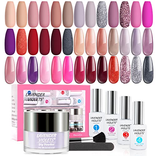 Lavender Violets 20 couleurs Dip Powder Système de poudre de trempage Kit de démarrage pour ongles Poudre acrylique French Nails Manucure avec base et couche de finition, activateur P921 Cover
