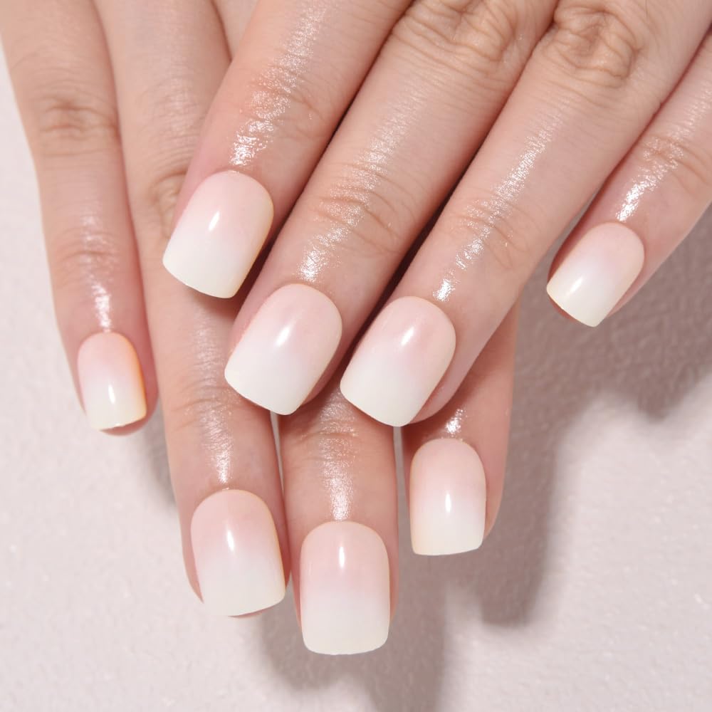 evpct Ombre Glossy Press on Nails Short Square, Nude to White Glossy Fake Nails Reusable, Acrylic False Nail Stick on Press ons for Women Gifts, Color