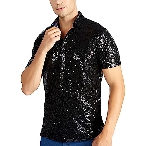 Camiseta de manga corta para hombre con lentejuelas, color dorado brillante, Negro , XXXL