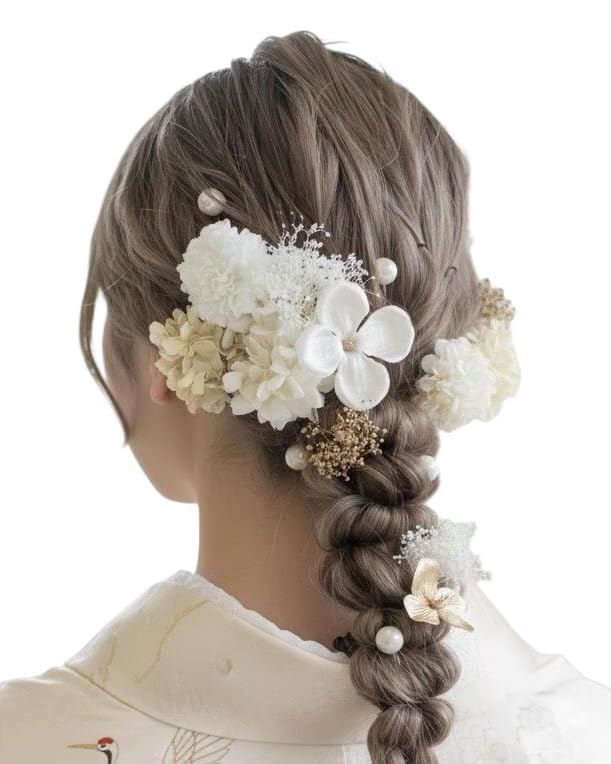 Lomeri Mum Dried Flower Hair Ornament 16pc White Gold Kimono Wedding