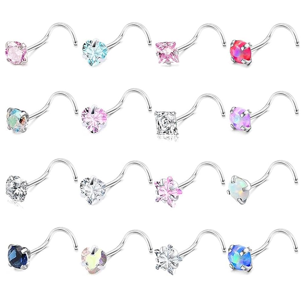 SEEDRILL Nose Rings Studs for Women 16Pcs 20G/18G Nose Studs Hypoallergenic 316L Surgical Steel Nose Piercings Jewelry 3mm CZ & Opal Nose Ring L Shape