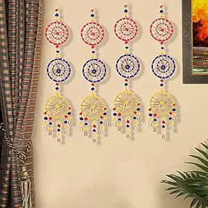 ANISHOP Decorative Wall Door Hanging Latkan Toran with Bells (Multi, Set of 4, 78 cm x 13 cm) for Main Door Entrance Pooja Room Home Rajasthani Traditional Decoration Items