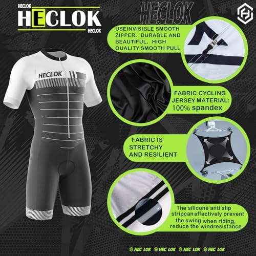 HECLOK Triathlon Tri Suit-Heren Fietsen Skinsuit Triathlon Speedsuit Trisuit Korte Mouw Speedsuit - Sneldrogende, eendelige bodysuit voor