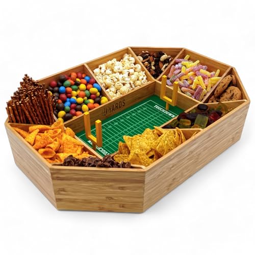 40YARDS American Football Snack Stadium aus Bambus Holz + Filz-Spielfeld (weich) mit Markierungen & 2x gelbe Field Goals | Größe: 50 x 36 cm | AUFGEBAUT | Football Snack Stadion | Couchbar