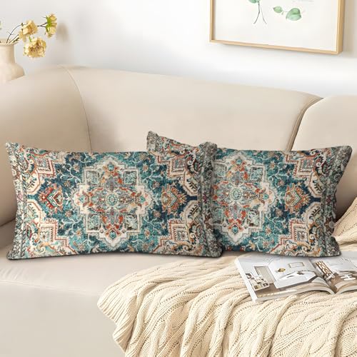 BUAEL Boho Throw Pillow Covers 12x20 inch Set of 2,Boho Vintage Carpet Pattern Antique Ethnic Decor Double Sided Pattern Cushion Cover Soft Pillow Case Living Sofa Room Bed Square Pillow Cover