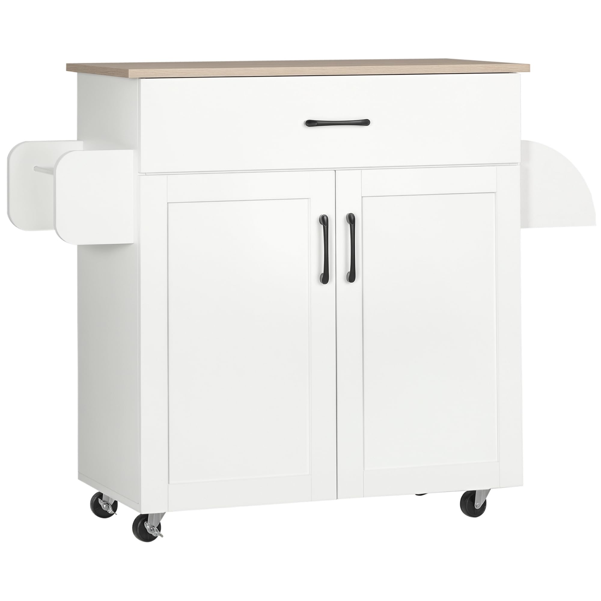 HOMCOM Dessert îlot de Cuisine Multi-​rangements 1 tiroir 1 Placard 2 Portes avec étagère réglable Porte-​torchons et Porte-​épices - Bois Blanc